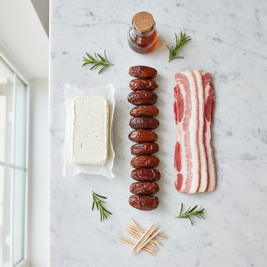 Fresh Medjool dates, creamy goat cheese log, and strips of bacon arranged on a wooden board