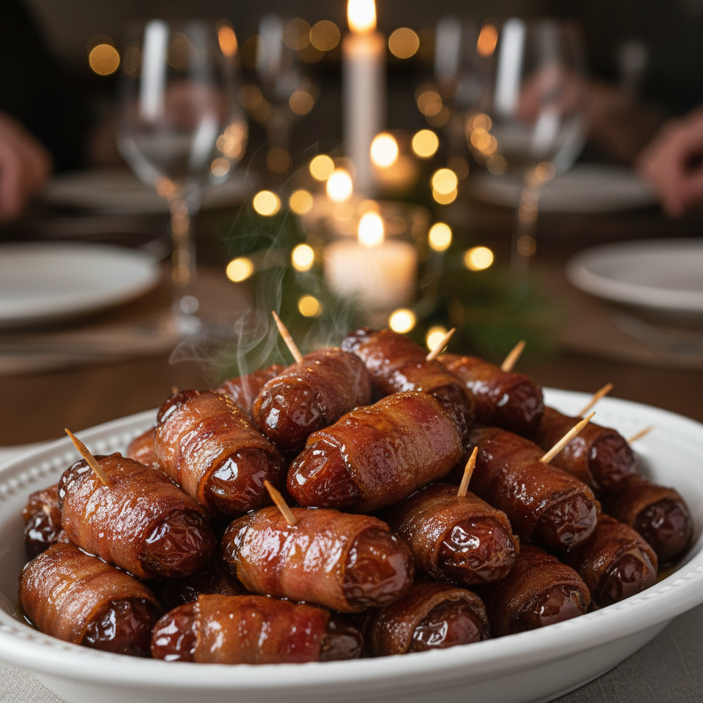 A platter of finished golden-brown bacon wrapped dates glistening with syrup, ready to eat