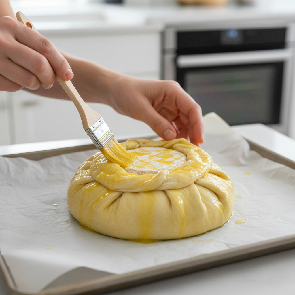 A chef's hand using a pastry brush to apply a shiny egg wash coating to the raw pastry-wrapped brie bundle on parchment paper