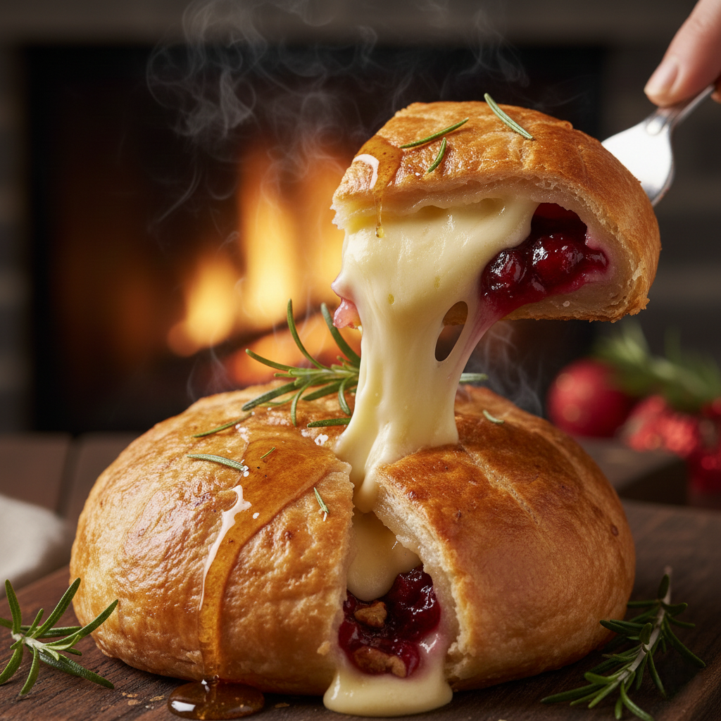 Close up macro shot of a slice being pulled away from the Baked Brie, revealing molten cheese stretching out, topped with glistening cranberries