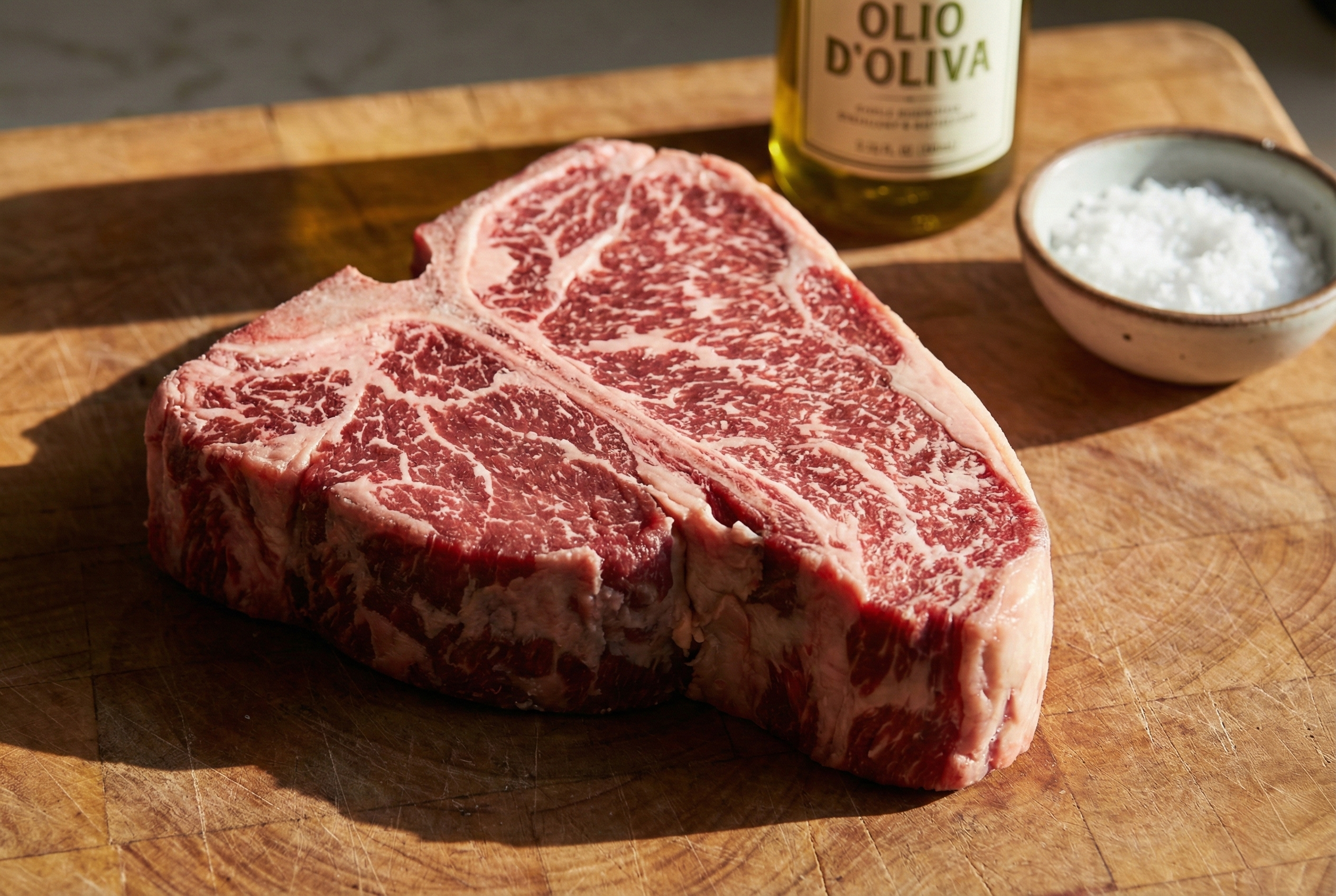 A massive, raw T-bone steak sitting on a wooden cutting board, roughly 3 inches thick, with beautiful marbling and a glass of red wine in the background