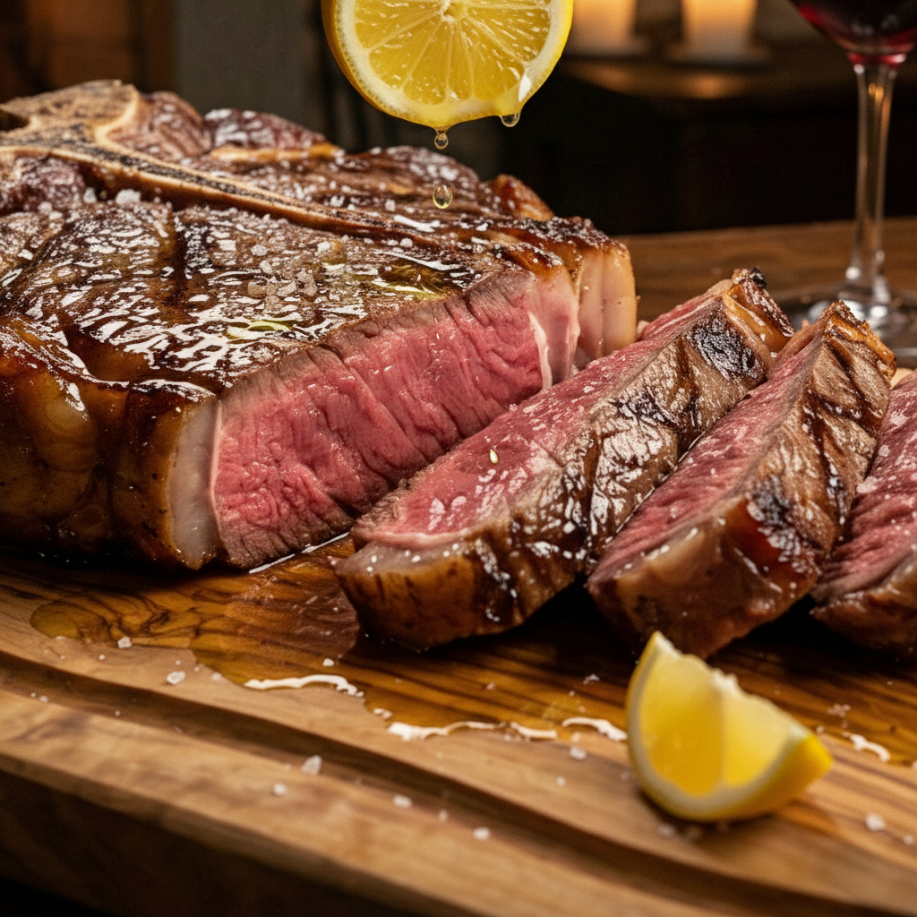 Sliced steak on a wooden board, red center visible, glistening with olive oil and coarse salt