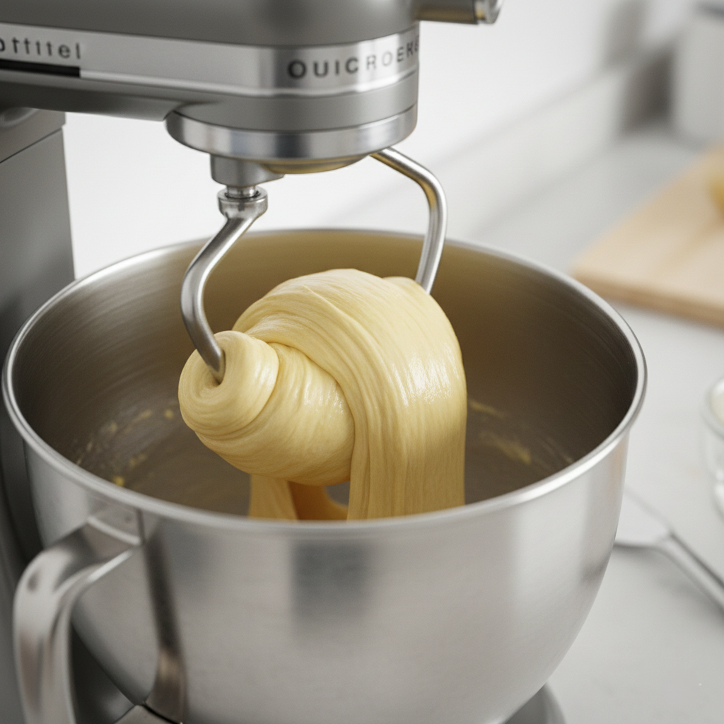 A stand mixer bowl showing the dough hook pulling a smooth, shiny, elastic ball of dough away from the sides.
