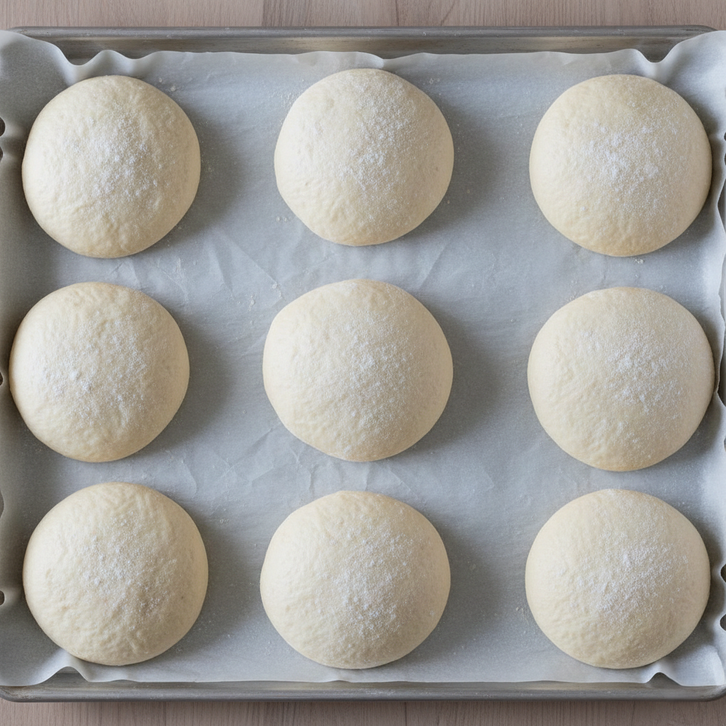 Raw dough rounds puffing up on a baking sheet lined with parchment paper, looking soft and airy.