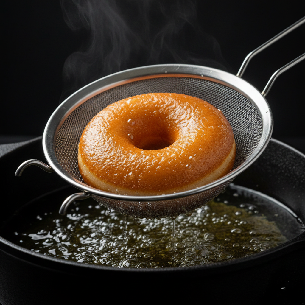 A golden brown doughnut being lifted from bubbling hot oil with a spider strainer, glistening with heat.