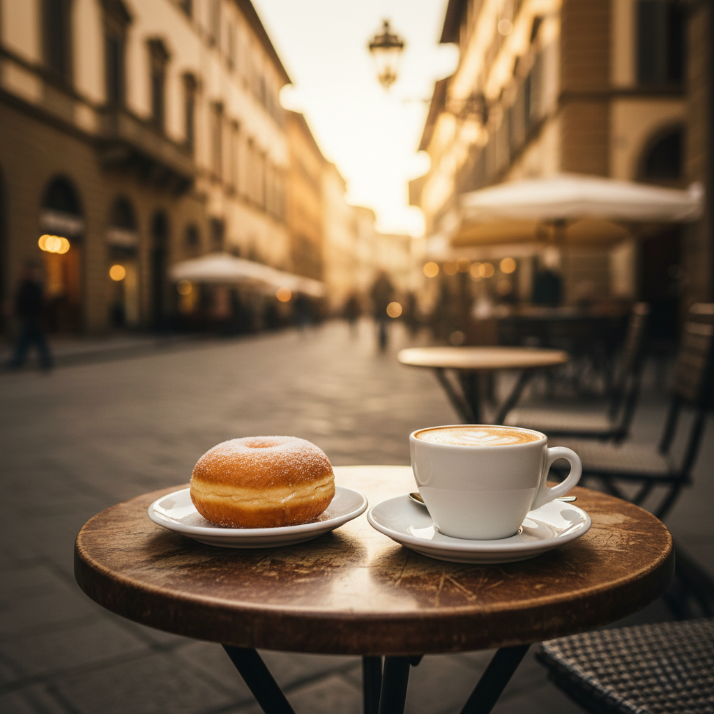 A rustic Italian cafe table scene with a cappuccino and a fresh Bomboloni, invoking a sense of travel and relaxation.