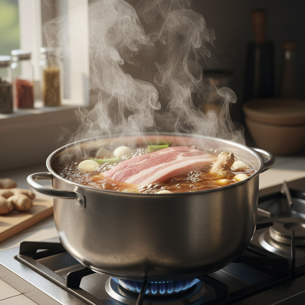 A stainless steel pot boiling vigorously with steam rising, showing the pork belly submerged with onions, leeks, and brown broth