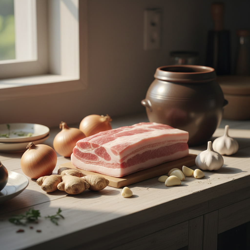 A rustic arrangement of raw ingredients: a slab of fresh pork belly, whole onions, garlic cloves, ginger root, and a jar of Korean soybean paste