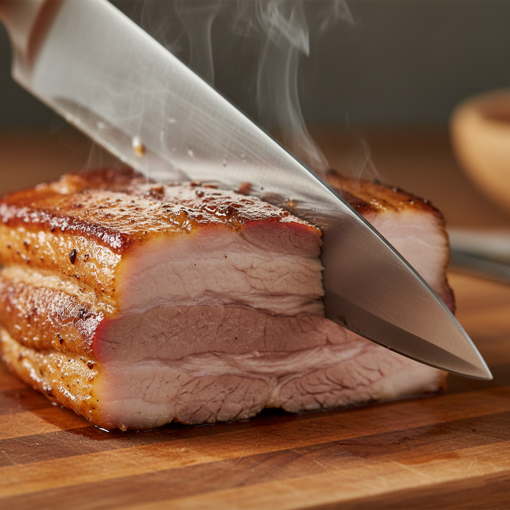 A sharp knife slicing through a block of cooked pork belly on a wooden board, revealing the juicy interior