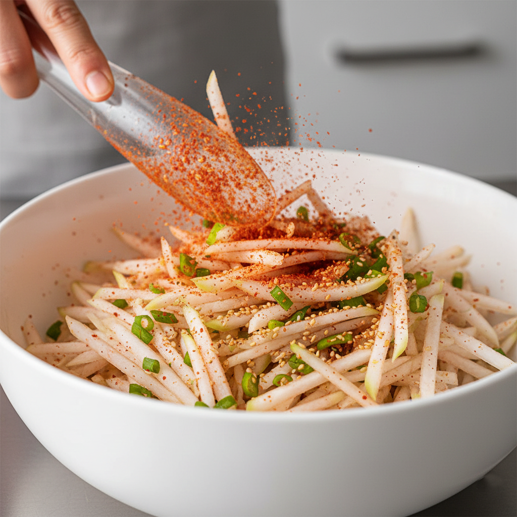 A bowl of julienned radish strips being mixed with bright red chili powder, green onions, and sesame seeds