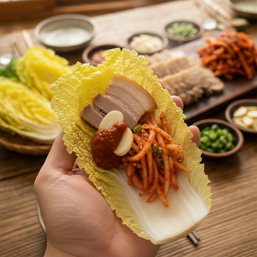 A close-up view of a hand holding a fresh yellow cabbage leaf filled with pork, spicy radish, garlic, and ssamjang, about to be eaten