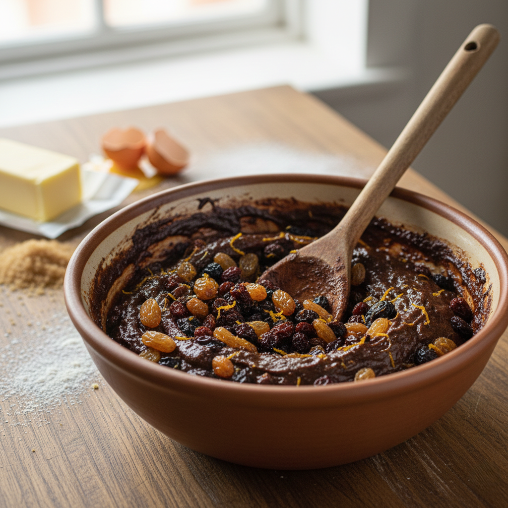 A vintage ceramic mixing bowl filled with rich dark batter and a wooden spoon