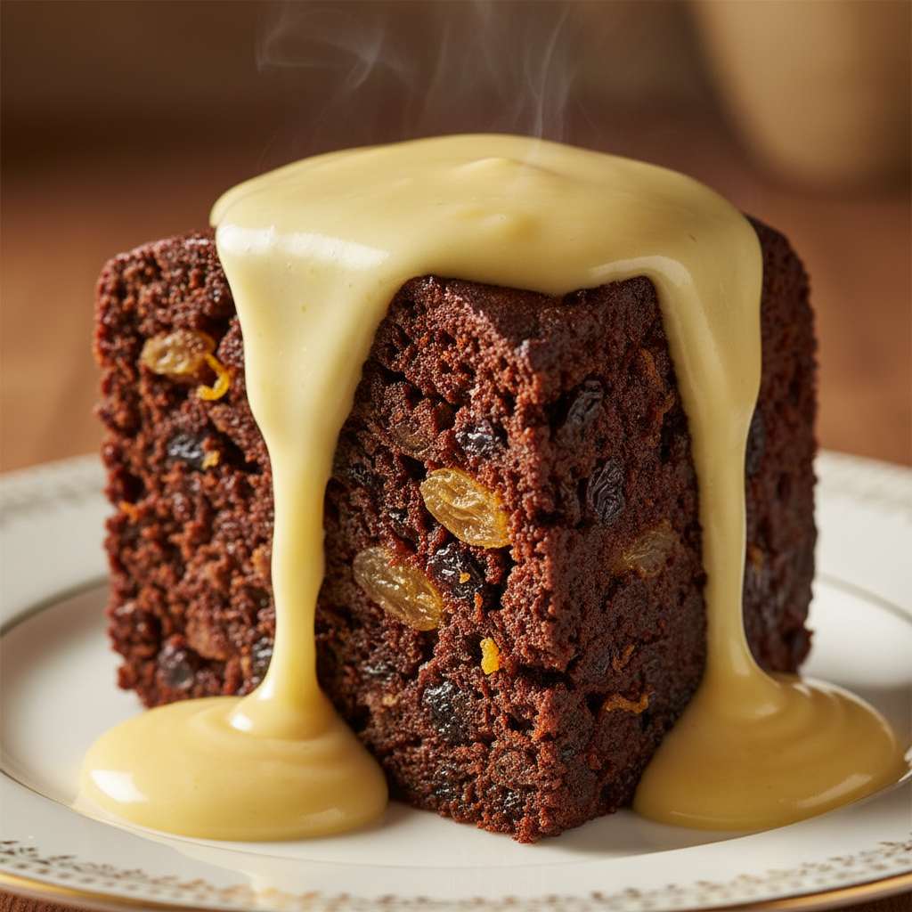 A slice of dark Christmas pudding with custard dripping down the side