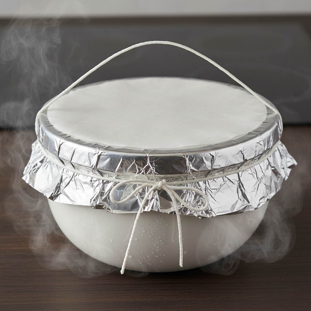 A raw pudding in a ceramic basin tied with string ready for the steamer
