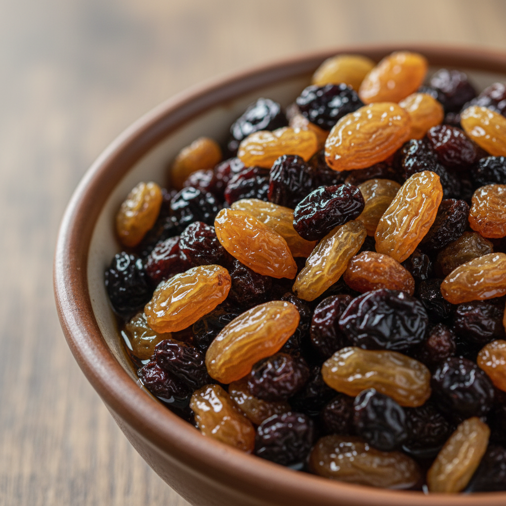 Close up of golden sultanas and raisins soaking in dark brandy