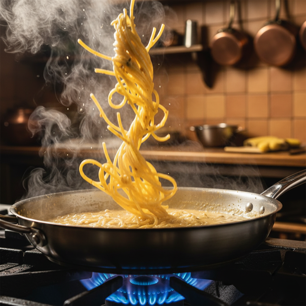 Action shot of tossing pasta in a skillet with steam rising