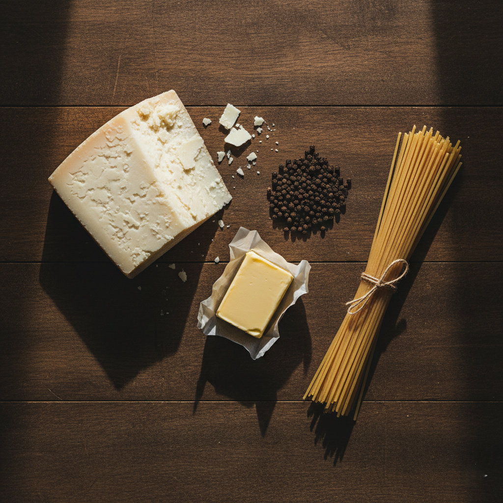 Rustic flatlay of ingredients: wedge of pecorino, black peppercorns, and raw pasta