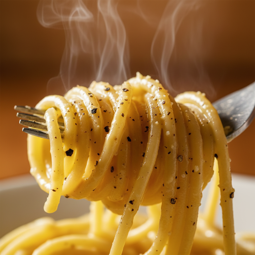 Close up macro shot of creamy spaghetti strands coated in black pepper