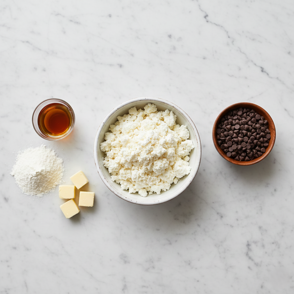 Ingredients layflat: A bowl of snowy ricotta, a glass of amber Marsala wine, a mound of flour, cubes of butter, and a bowl of dark chocolate chips.