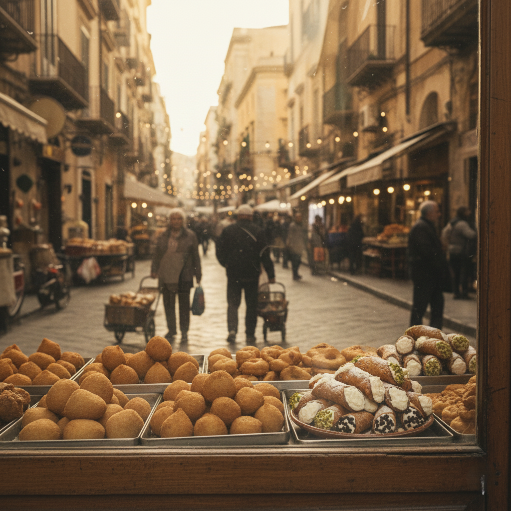 A busy, vintage-style Sicilian street market scene, focusing on a bakery window filled with trays of fresh pastries.