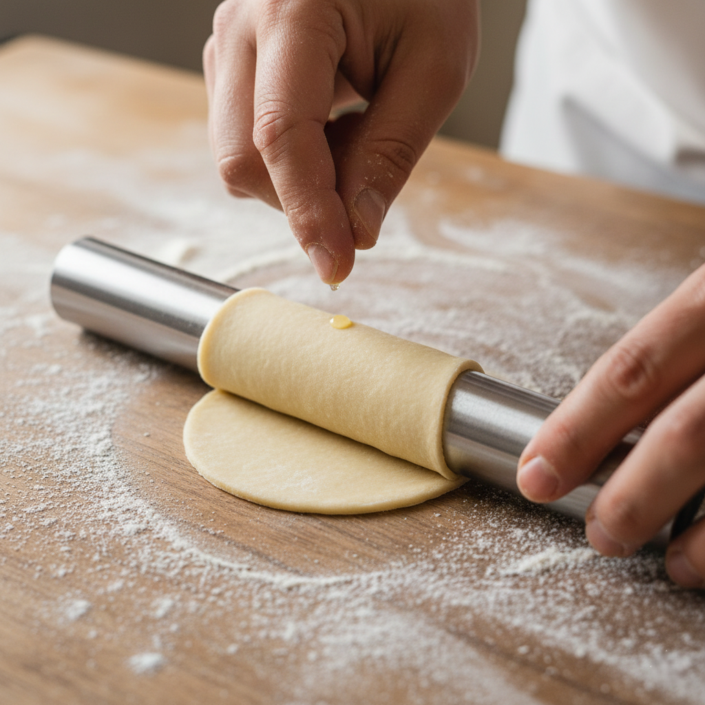 Close up action shot: Hands wrapping a thin circle of dough around a metal tube, meticulously dabbing the edge with egg white.