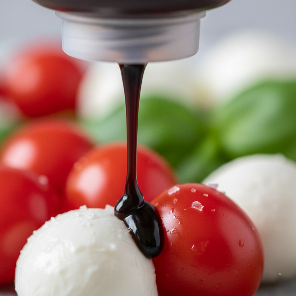A high-angle macro shot showing the balsamic glaze being drizzled over the red tomatoes and white cheese.