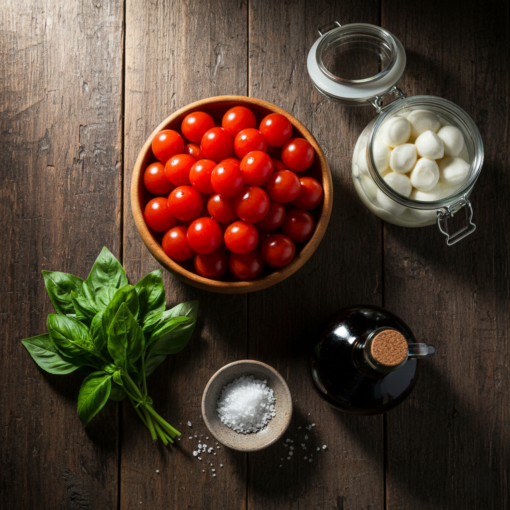 Ingredients laid out on a wooden cutting board: a bowl of red cherry tomatoes, a tub of mini mozzarella balls in water, a fresh bunch of basil, and a bottle of balsamic glaze.