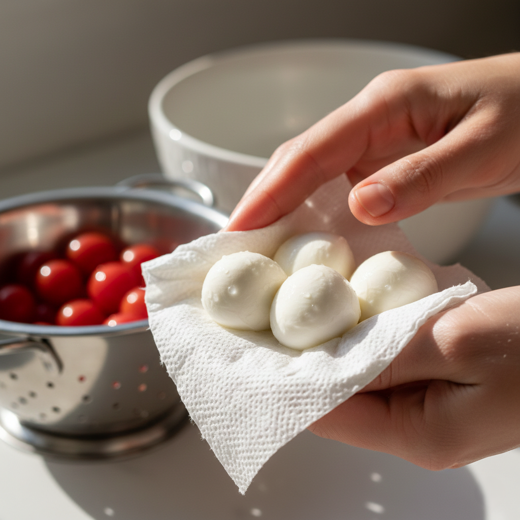 Close-up action shot of hands gently drying the mozzarella balls with a paper towel to remove excess moisture.