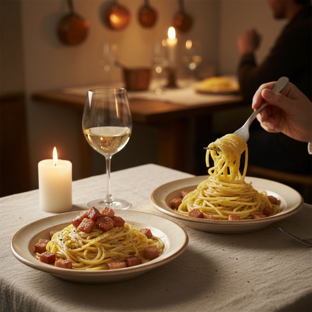 Overhead shot of two bowls of carbonara on a dinner table