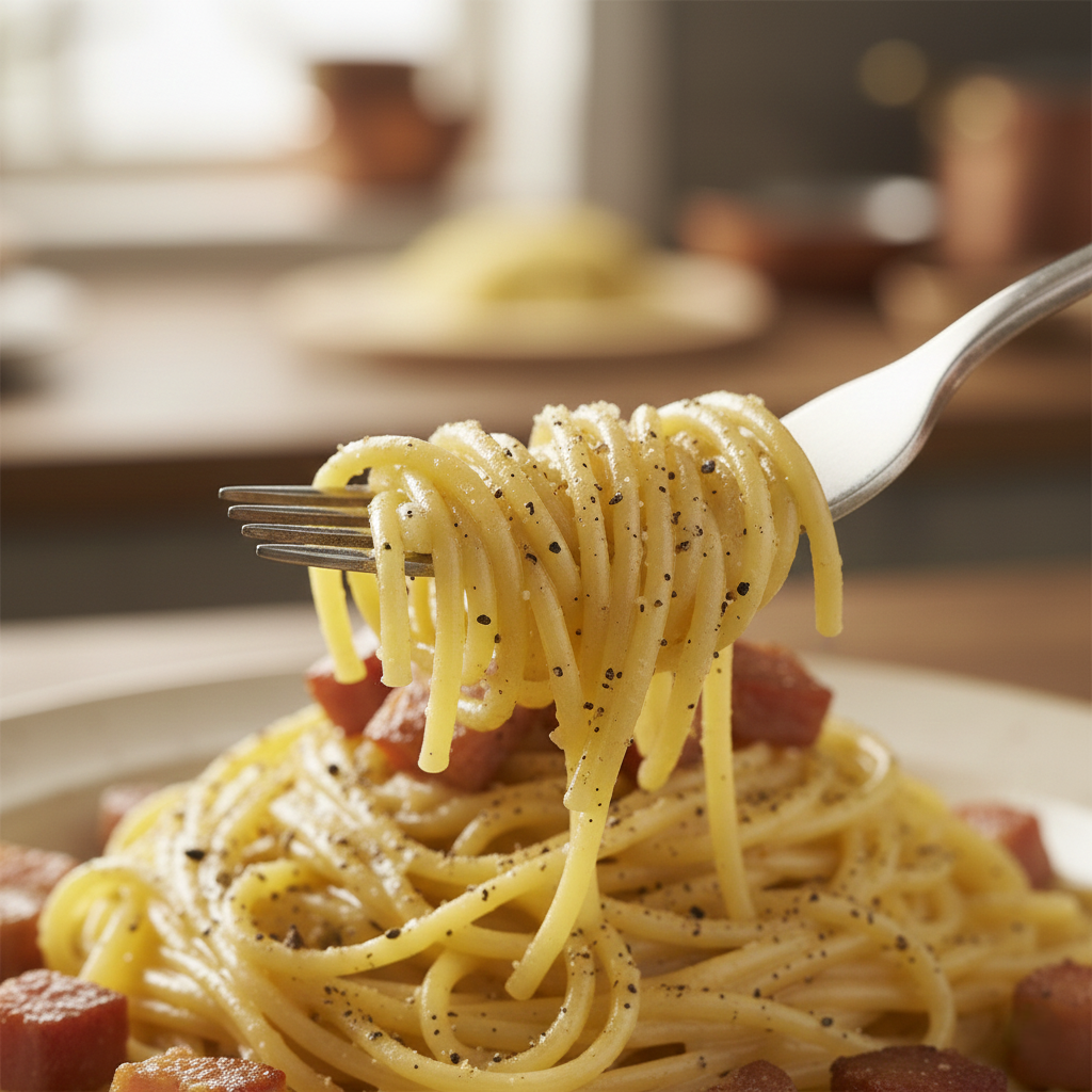 Close up macro shot of creamy spaghetti carbonara twirled on a fork