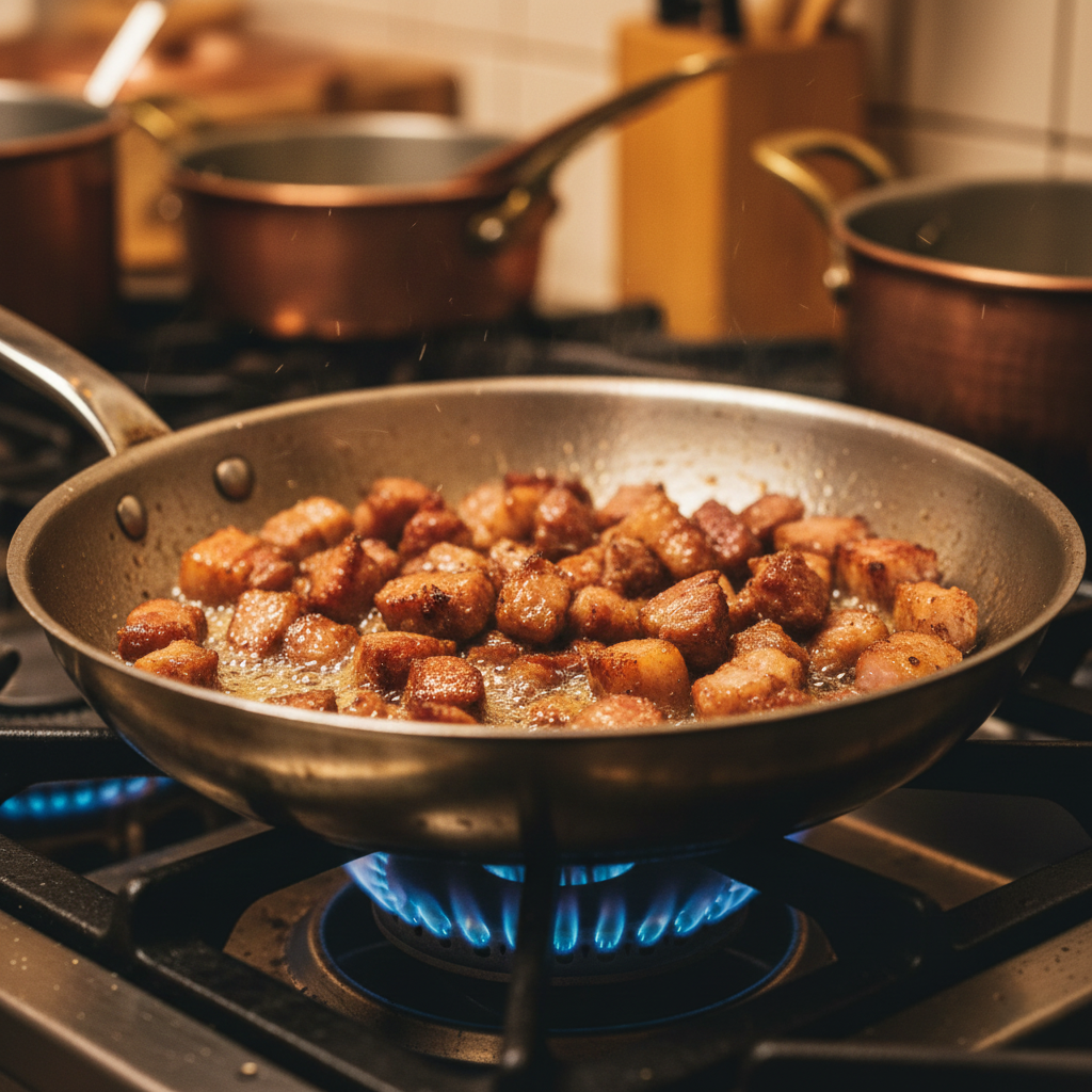 Close up of crispy guanciale cubes rendering in a pan