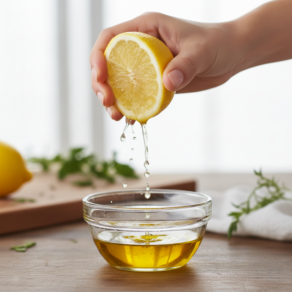 Preparation shot showing lemon juice emulsifying with olive oil