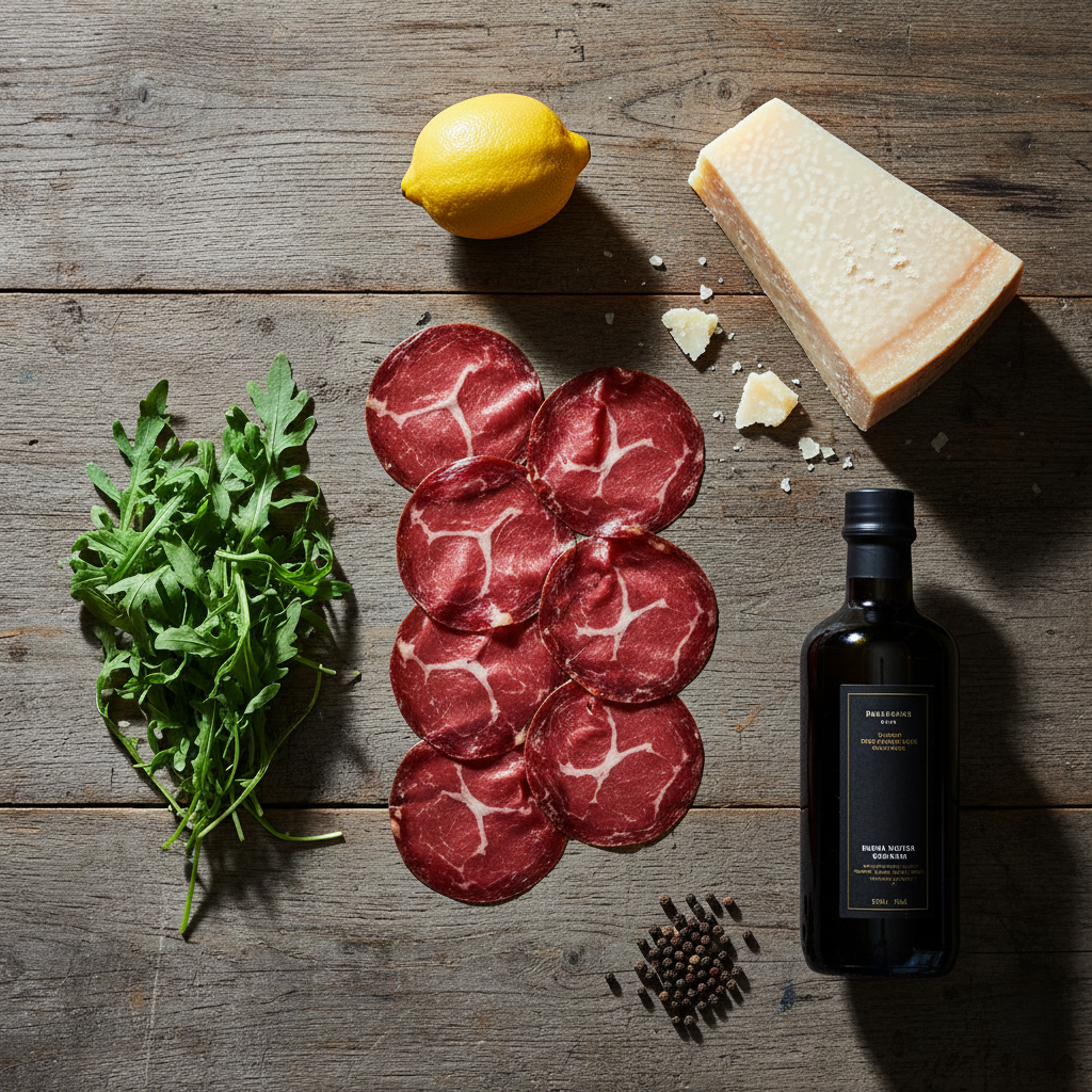 Flat lay of raw ingredients: bresaola, arugula, parmesan block, lemon, olive oil