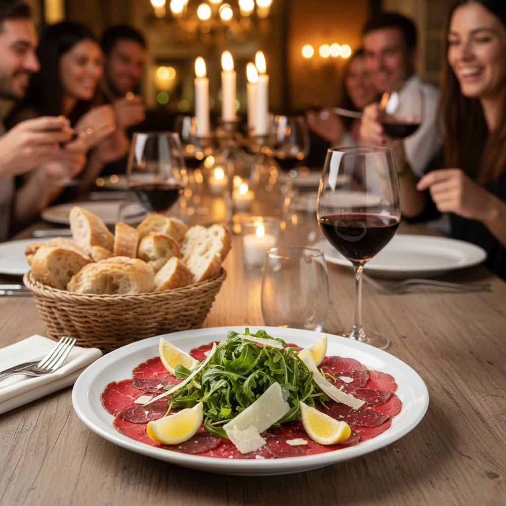 Final plated dish on a table setting with wine and bread
