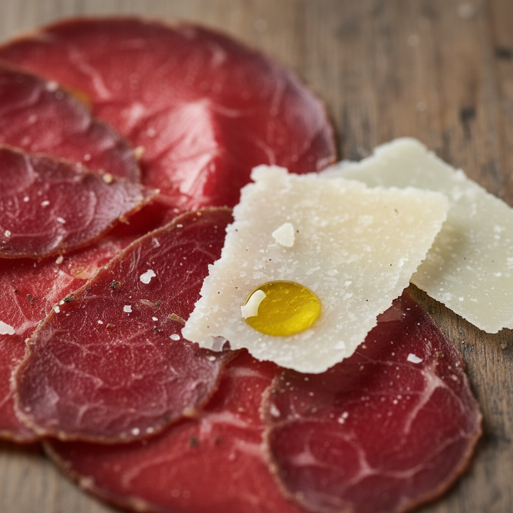 Close up macro shot of bresaola texture and parmesan shavings