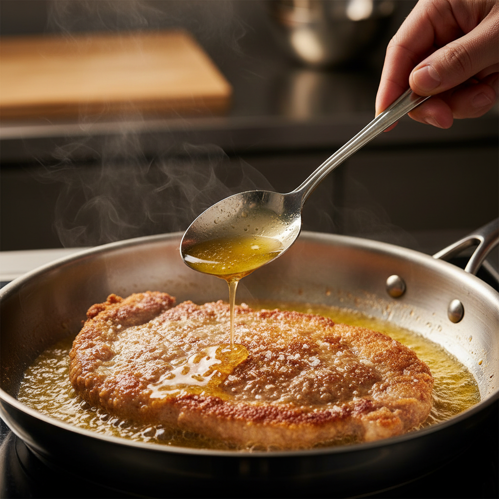 Action shot of veal chop sizzling in a pan of butter being basted