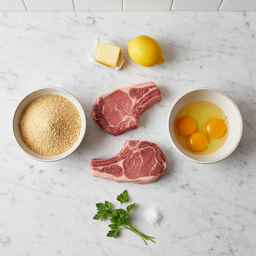 Ingredients laydown including bone-in veal chops eggs and breadcrumbs