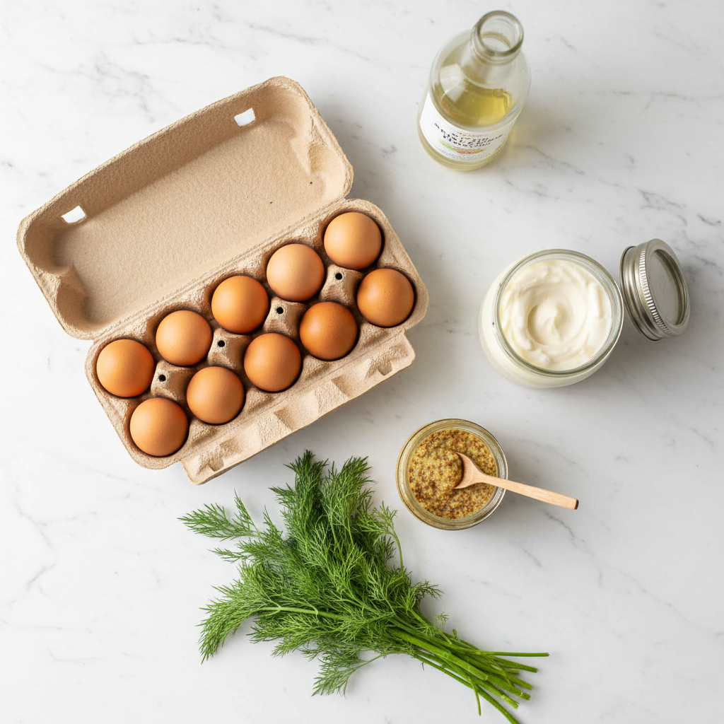 Fresh ingredients flatlay: eggs, mayonnaise jar, dijon mustard, and green dill on a marble table