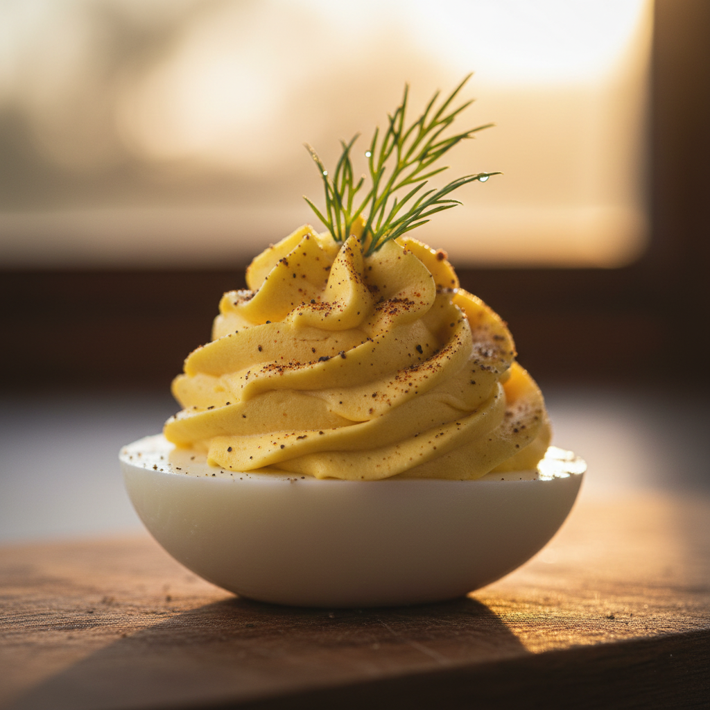 Macro texture shot of the creamy egg yolk swirl with specks of pepper and fresh dill