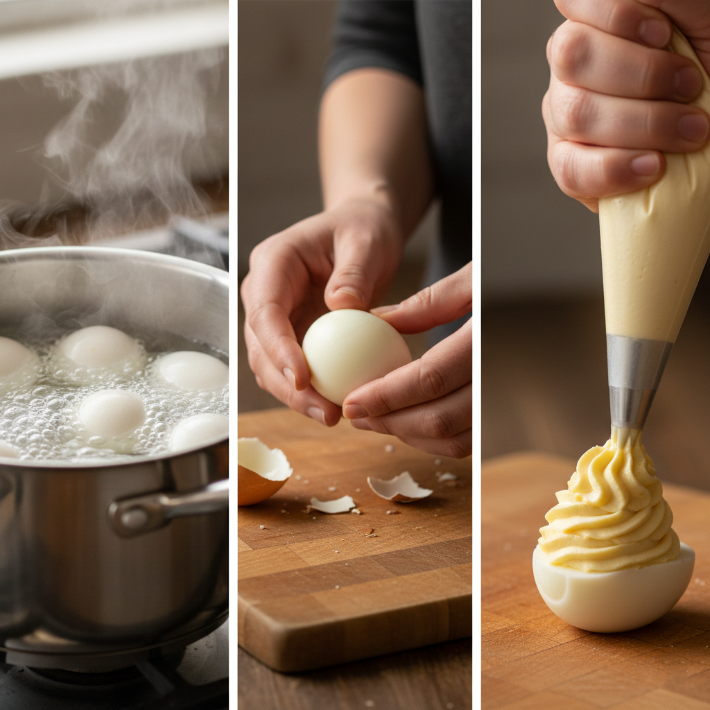 Collage of the cooking process: boiling water, peeling eggs, mashing yolks, and piping the filling