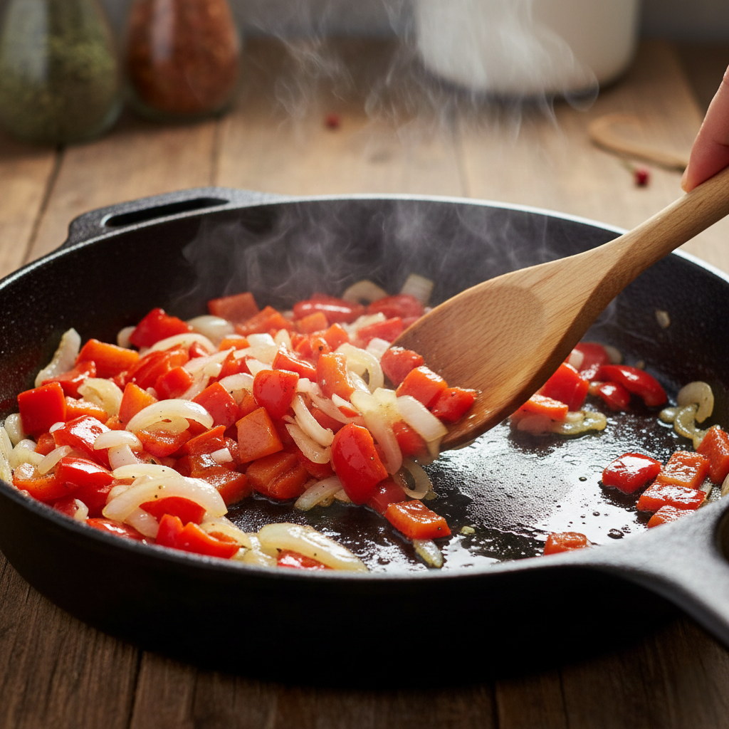 Action shot of chopped red peppers and onions sizzling in a cast iron skillet, steam rising, wooden spoon stirring