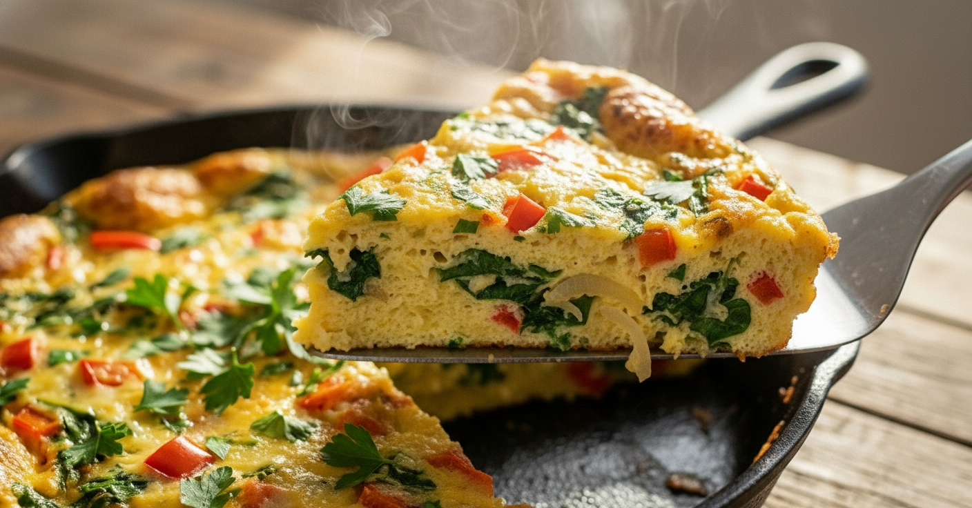 Close up macro shot of a slice of frittata being lifted with a spatula, revealing fluffy texture, steam, and colorful peppers inside