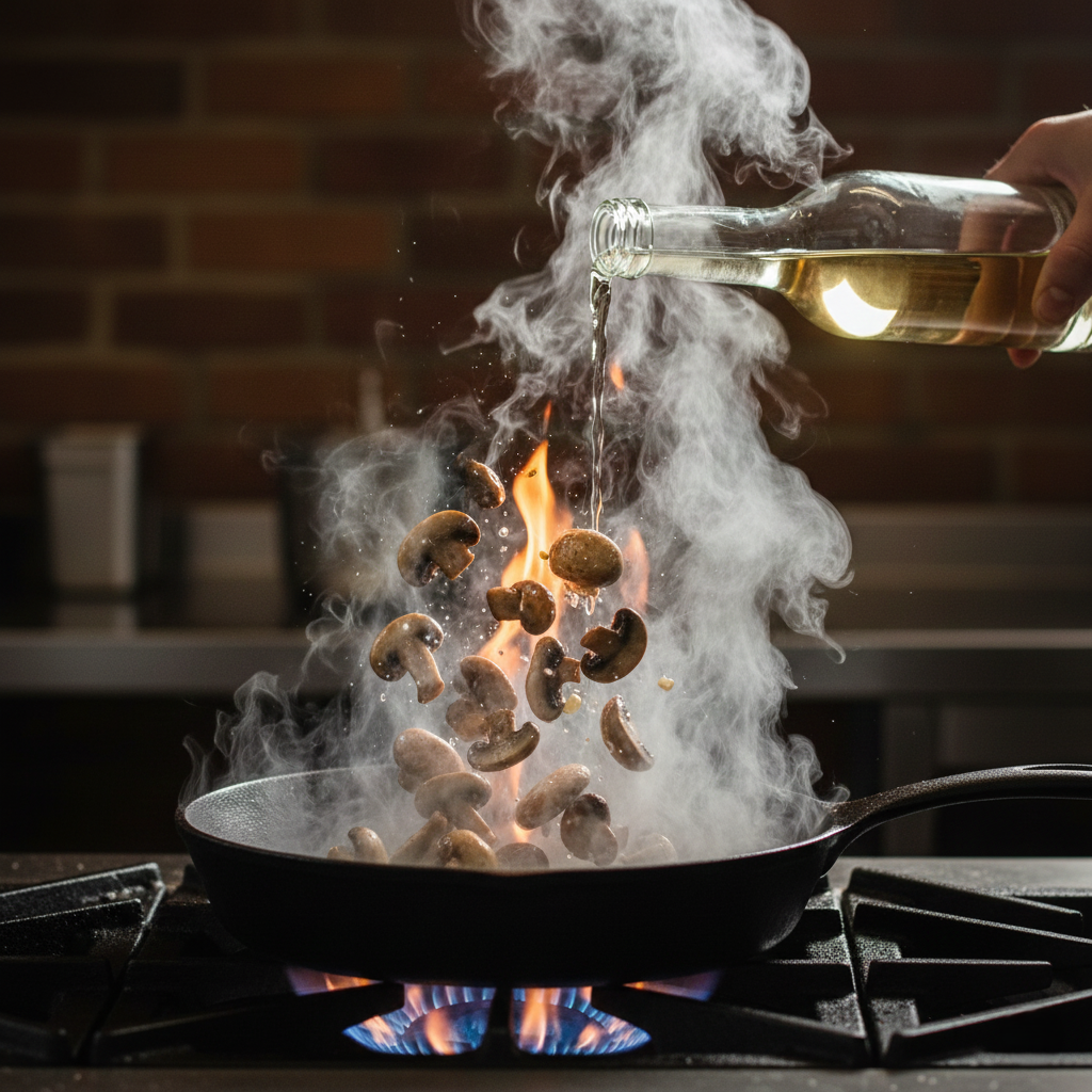 Steam rising from a cast iron skillet as wine hits the hot golden mushrooms