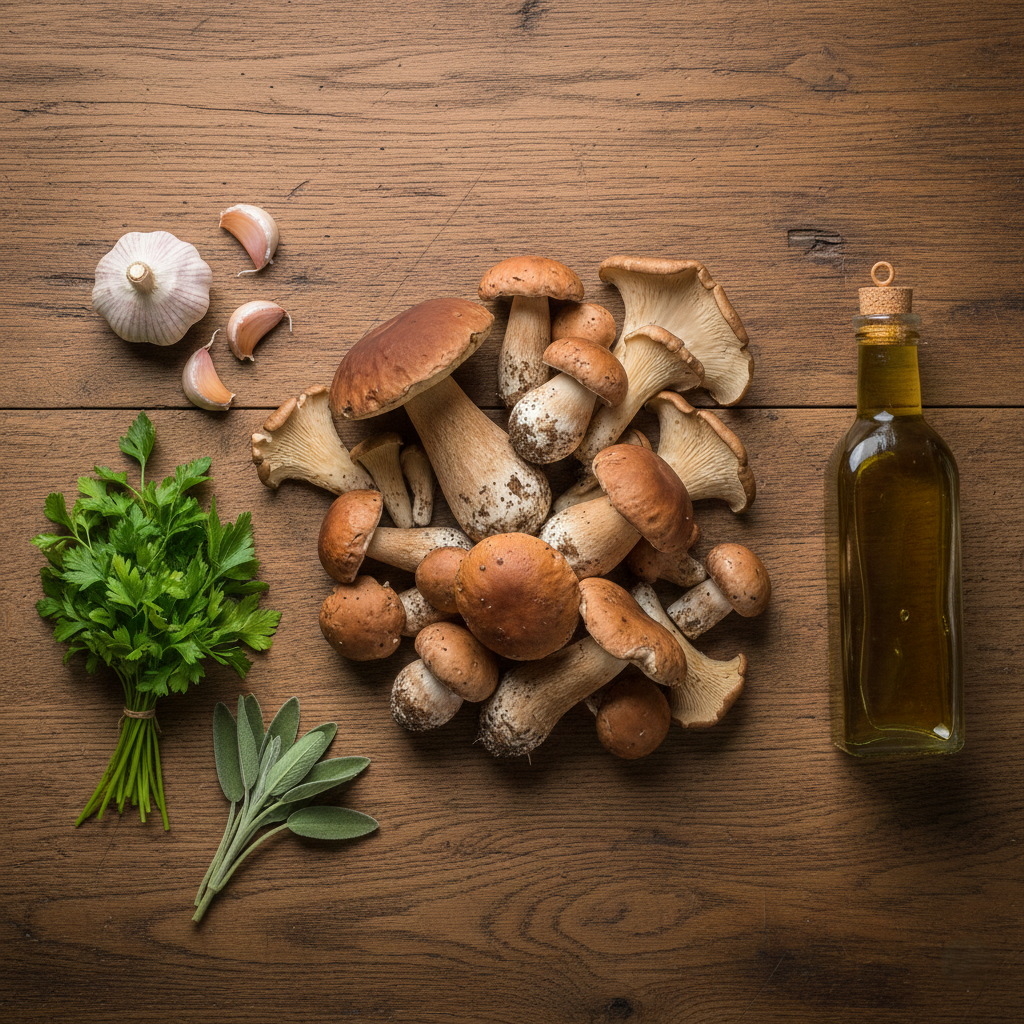 Flat lay of ingredients: raw porcini mushrooms, garlic cloves, fresh parsley bunch, and a bottle of olive oil on a wooden table