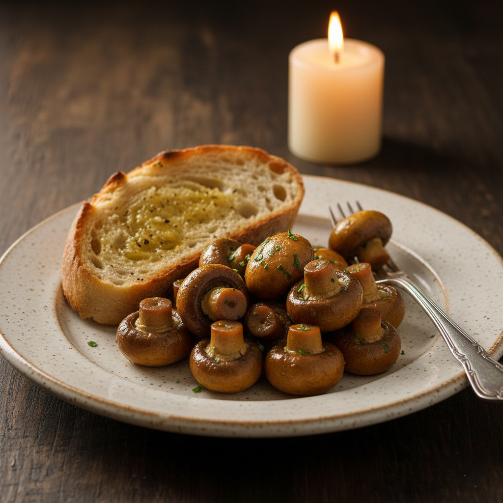 Plated dish of mushrooms on a ceramic plate with a fork and crusty bread