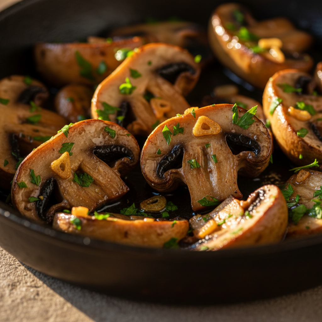 Close-up macro shot of glistening golden brown mushrooms in a skillet with specks of green parsley