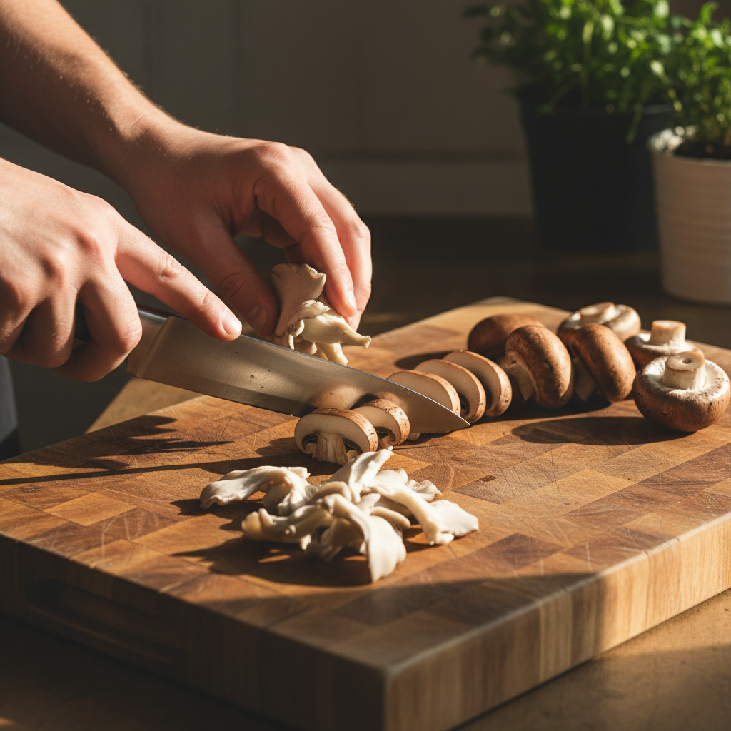 A chef's hand tearing oyster mushrooms and slicing cremini mushrooms on a rustic wooden board