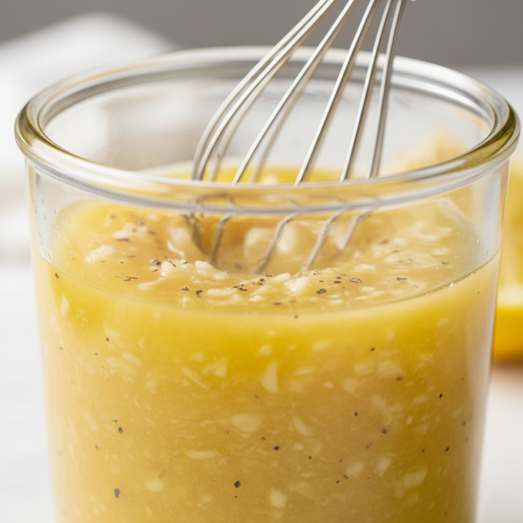 Whisking lemon and olive oil dressing