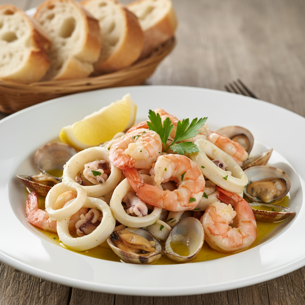 Final plated seafood salad with white wine