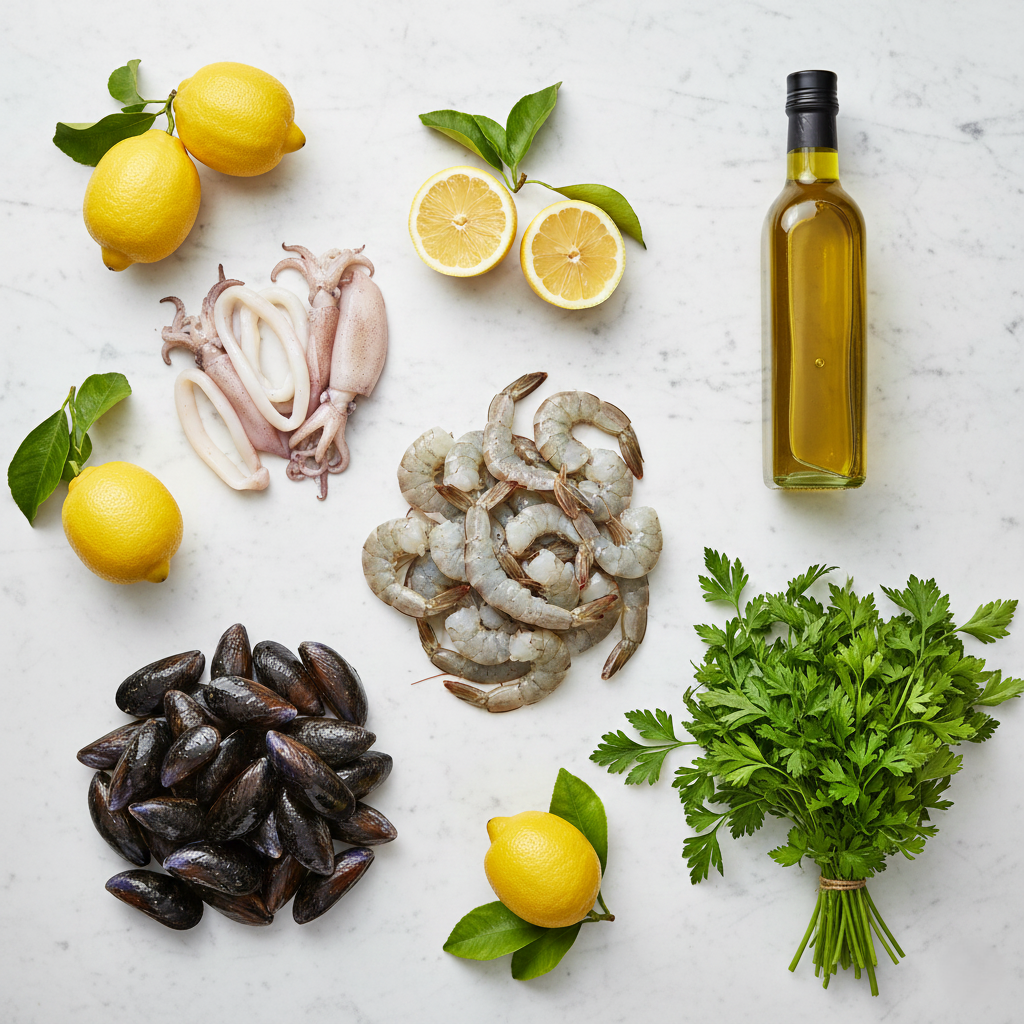 Fresh raw seafood ingredients on marble